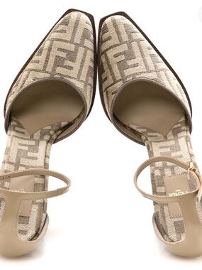 Fendi Chenille Neutral Jacquard FF Cut Baguette Ankle Strap Heels